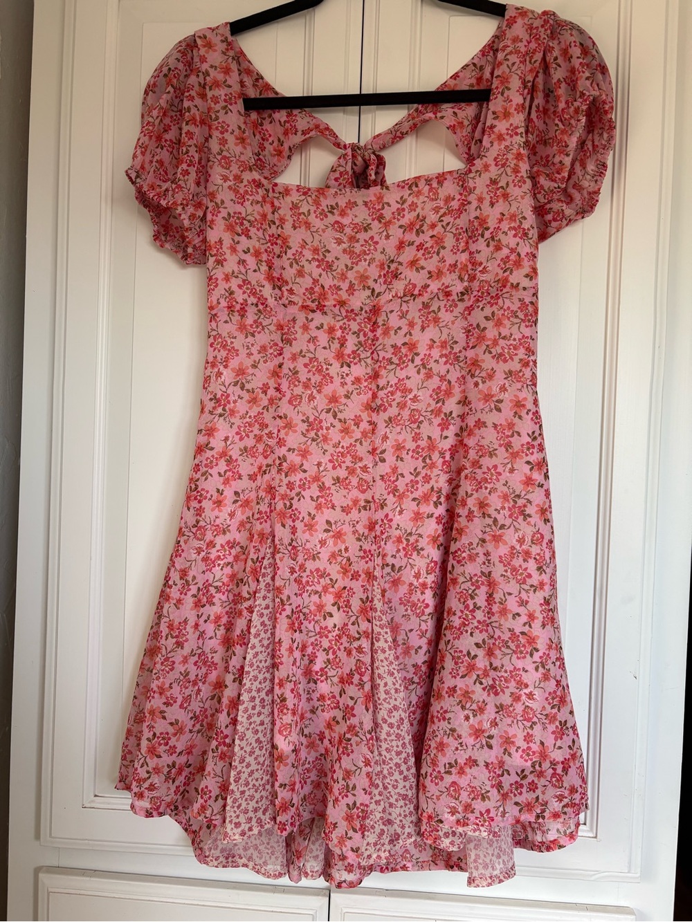 Altar'd State Pink Floral Puff-Sleeve Mini Dress with Back Tie